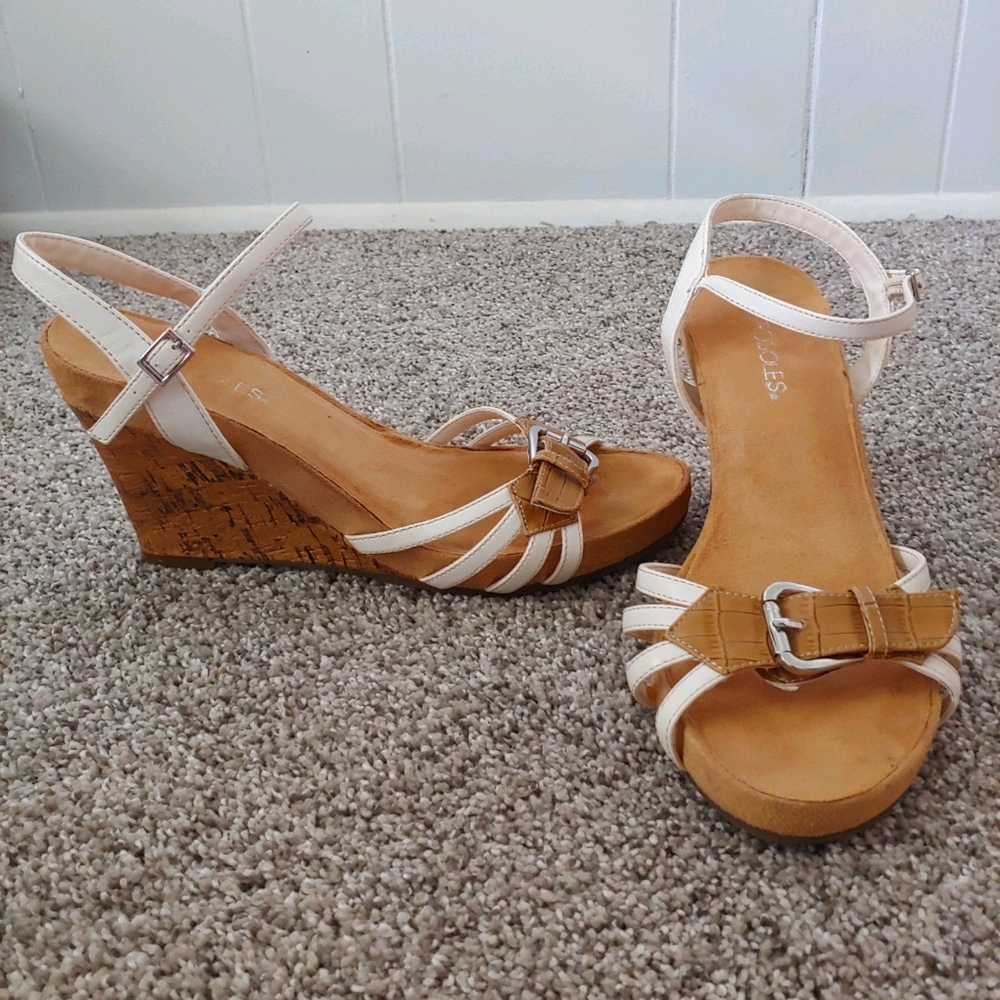 Cute white and tan wedge sandals size 9.5